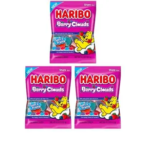 Haribo Gummi Candy - Soft & Chewy Delicious Gummies, (Pack of 3) Share Size Peg Bags + Bonus Mystery Candy (4 oz, NEW Berry Clouds)