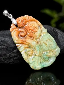 Natural Nephrite Jade Bat & Ruyi Pendant, Antique-Style Carving, 18kt Gold-Plated Bail