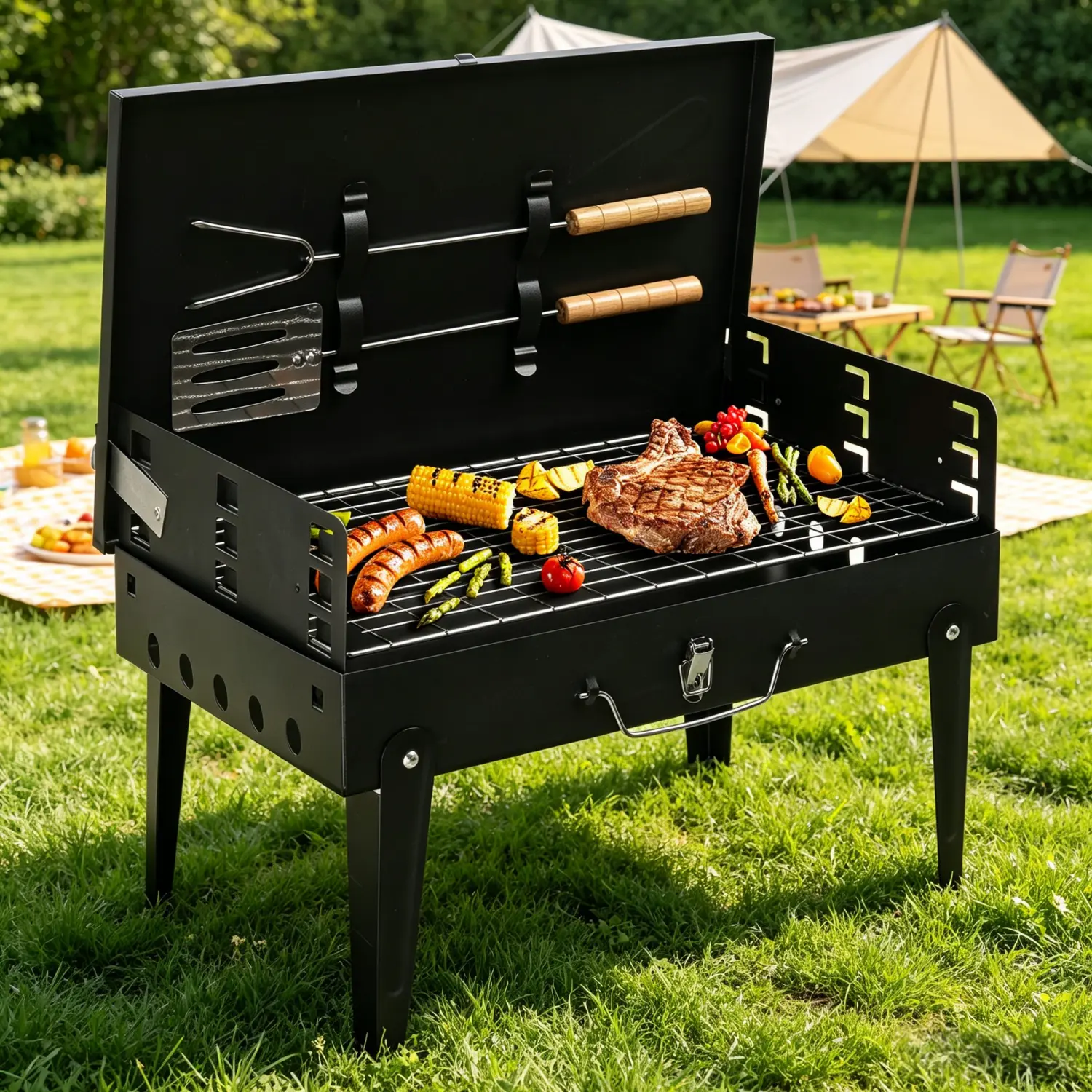 Portable Square Charcoal Grill, Black Collapsible Folding Portable Barbecues - Compact to Carry, Ideal for Outdoor Cooking, Camping