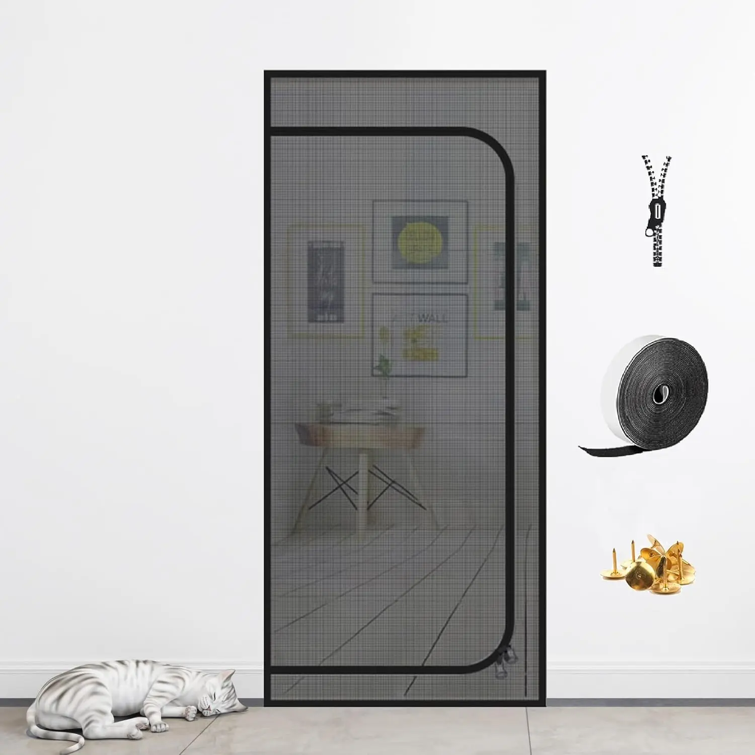 Cat Screen Door, Upgraded Pet Door Mesh Screen Prevent Cats Dogs from Running Out, Cat Resistant Screen Door with Zipper Closure, Easy Install (Fits Doors Up to 36"x96")