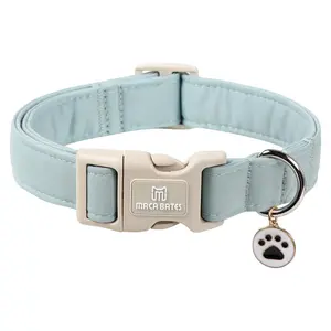 Maca Bates Jade Green Solid Cotton Collar, Soft & Durable, Adjustable with Safety Plastic Buckle, Cute Paw Charm for Female Dogs