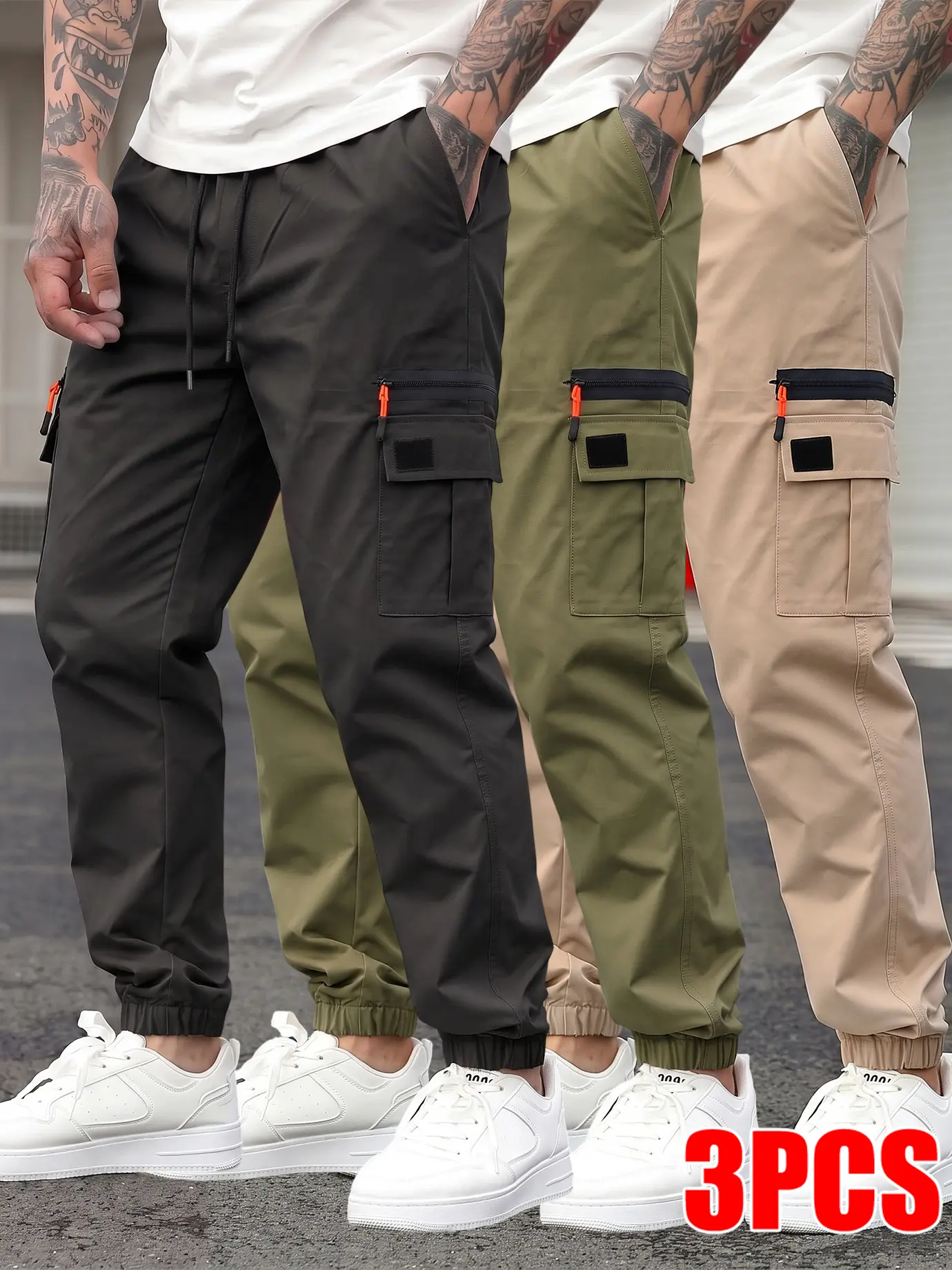 3-PCS Men's Jogger Cargo Pants, Full Elastic Drawstring Waist, Orange Zip Flap Side Cargo Pockets, Elastic Cuff Ankle Jogger Trousers, Smooth Solid Casual Daily Bottoms Value Pack