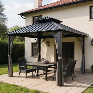 10x10 FT Hardtop Gazebo with Curtain & Netting Windproof Galvanized Iron Sheet Top for Patios Classic & Modern Design