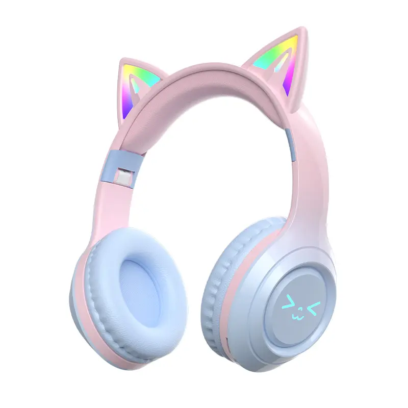 Wireless Bluetooth Cat Ear Gaming Headset with Built-in Microphone, LED Lights, Foldable Over-Ear Design, USB Rechargeable Wireless Functionality, Compatible with Phones, Tablets, Laptops, Cute Birthday Gift for Teens