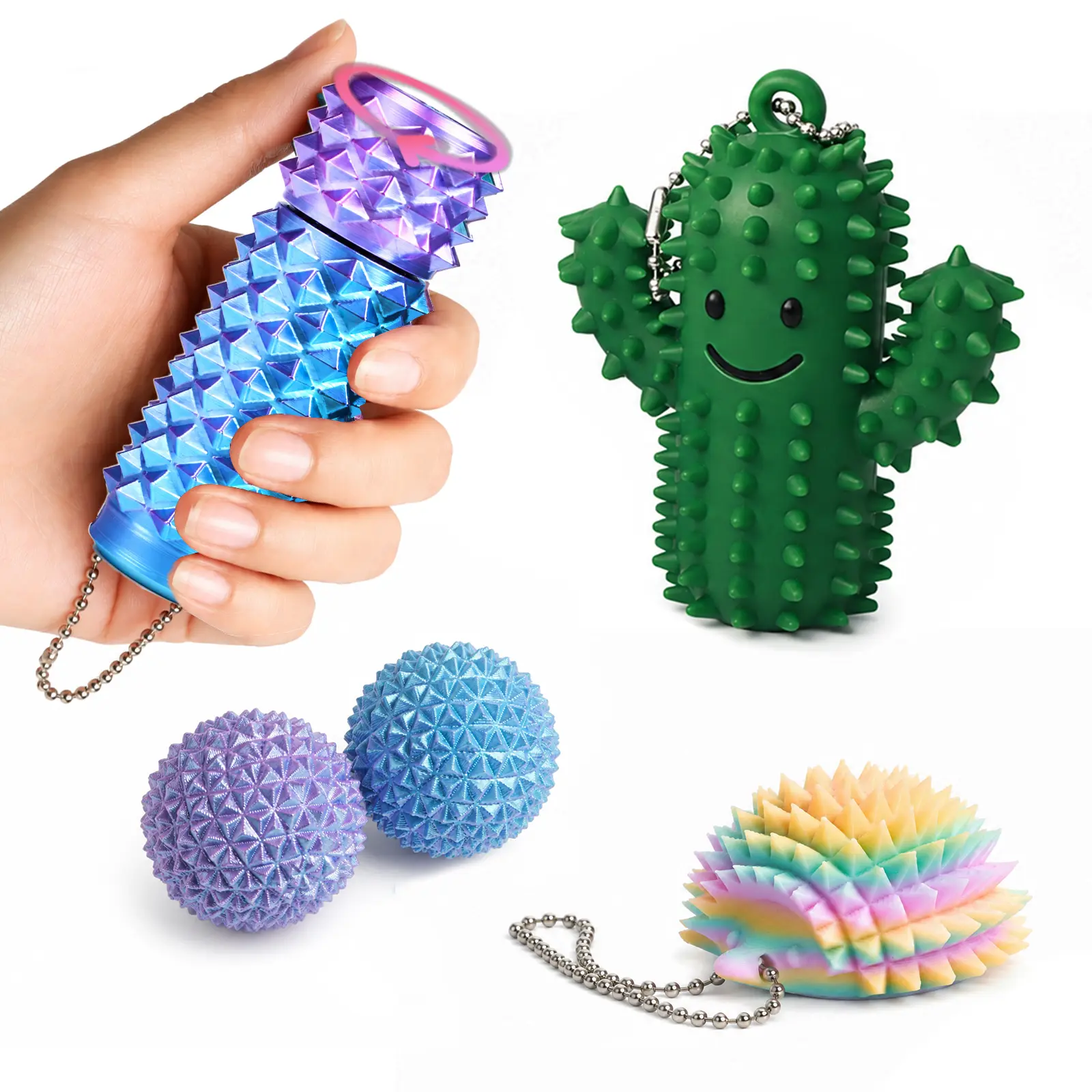 4 Pack Little Ouchies Pain Fidget for Teens Adults - Pocket Portable Pain Stim Toy Set for Anxiety & Stress Relief, 3D Printed Spicky Fidget Keychain for Travel Study & Office Work