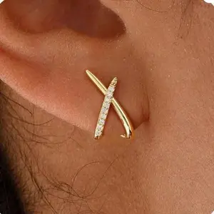 Gilded Grace Dainty X Criss Cross Stud Earrings, 18K Gold Plated CZ Diamond Hypoallergenic Earrings for Women, Minimalist Gift