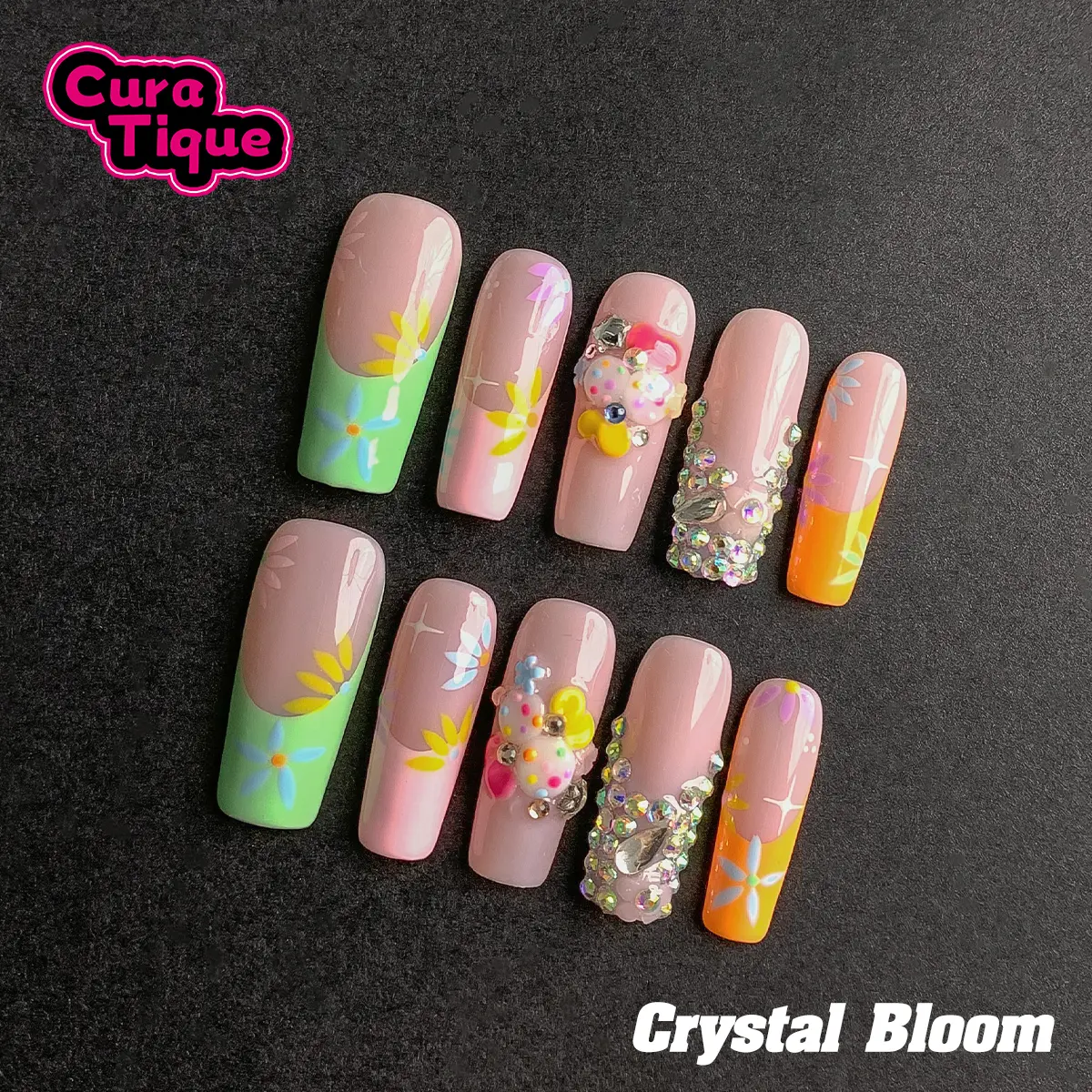 CuraTique | Crystal Bloom 10PCS Handmade Press On Nails REUSABLE 3D Gel spring/summer 2025 / Prom