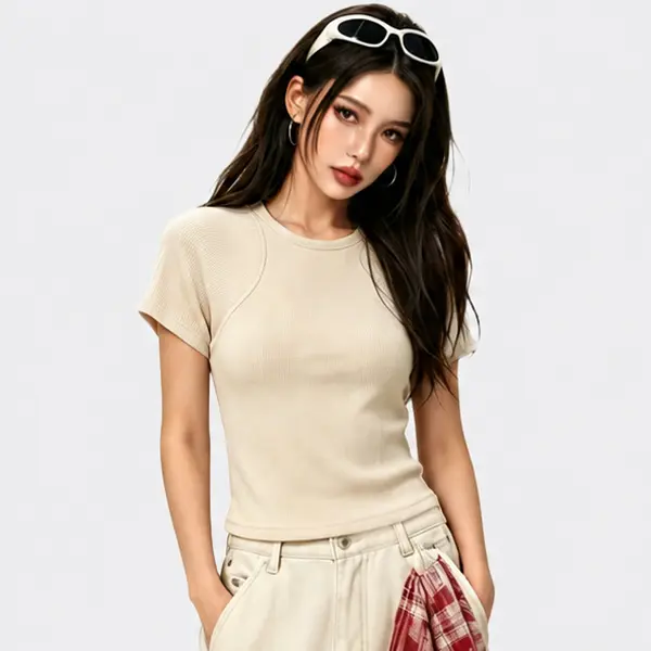 Women's 260G Ribbed Slim Fit Crew Neck Short Sleeve Casual Stretchy Crop T-Shirt