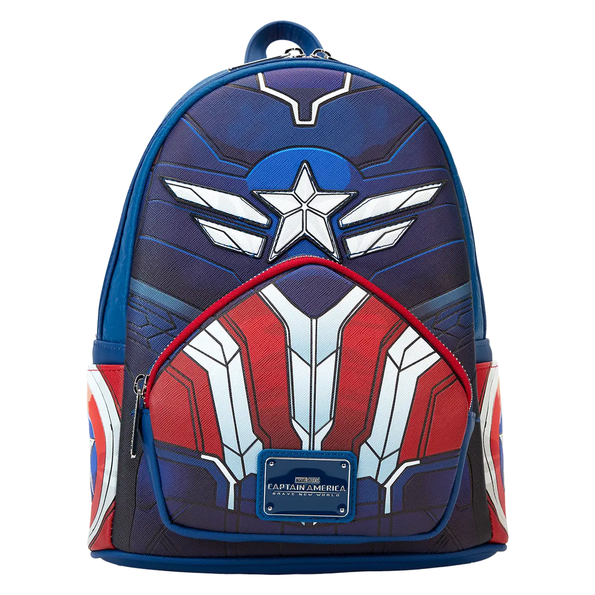 Marvel Captain America Brave New World Character-Inspired Vegan Leather Adjustable Mini Backpack - One Size, Zip, Metallic Details