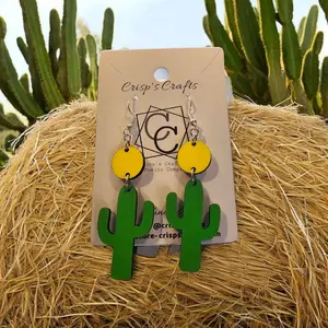 149) Wood Cactus & Sun Earrings