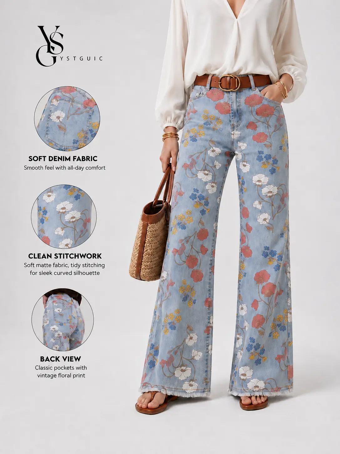 Vintage Retro Floral Print High Waist Wide Flare Leg Jeans Soft Denim Pants Casual Daily Pants Fit All Figures