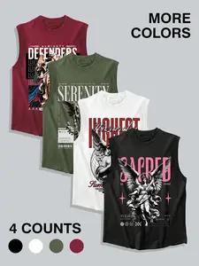 Men's 4 Pack Oversized Angel Graphic Sleeveless Tank Tops, 2026 Gothic Streetwear Heavyweight Cotton Crew Neck Muscle Tanks, Retro Angel Print Loose Fit Sleeveless Shirts for Gym Streetwear, Gift for Men Tank Top Casual
