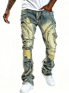 Men's slim-fitting distressed ripped denim jeans, vintage streetwear menswear, creative pocket edges, old stretch flared pants, all-season Y2K washed flanged fabric trousers, men's casual clothing