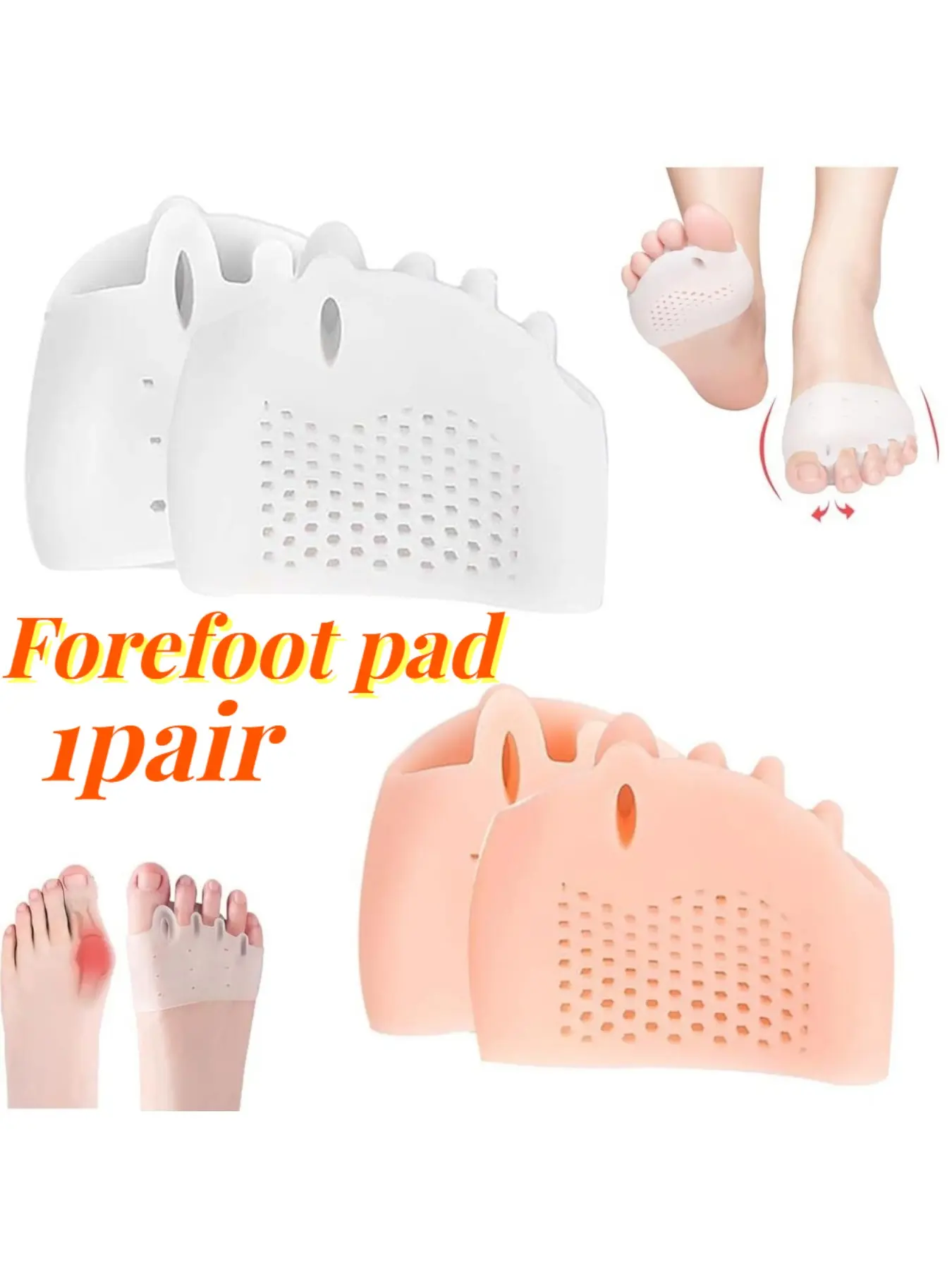 1 Pair of Foot Pads: Pain-Relieving, Pressure-Reducing, Ultra-Soft, Non-Slip Honeycomb Forefoot Pads; Toe-Separating Pads; Pain-Relieving Shoe Insoles; For Bunions and Hammertoes; Half-Foot Socks; Forefoot Pads; Half-Size Forefoot Pads