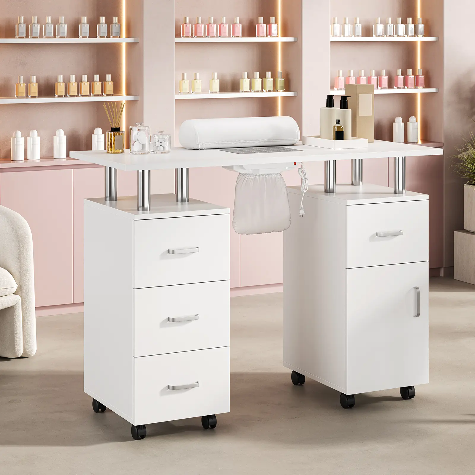 Nail Desk Station for Nail Tech with Electric Downdraft Vent & Locking Castors & Wrist Cushion, with 4 Drawers & 1Cabinet Manicure Table Desk for Spa Beauty Salon