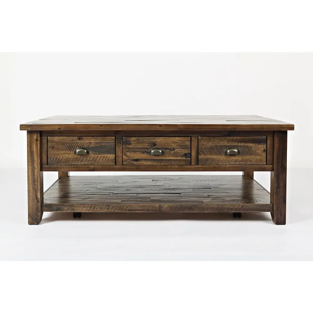 Artisan Craft Rustic Farmhouse Distressed Solid Wood Coffee Table, Farm Life Style, 3 Drawers, Wear Marks, Living Room Anchoring Piece