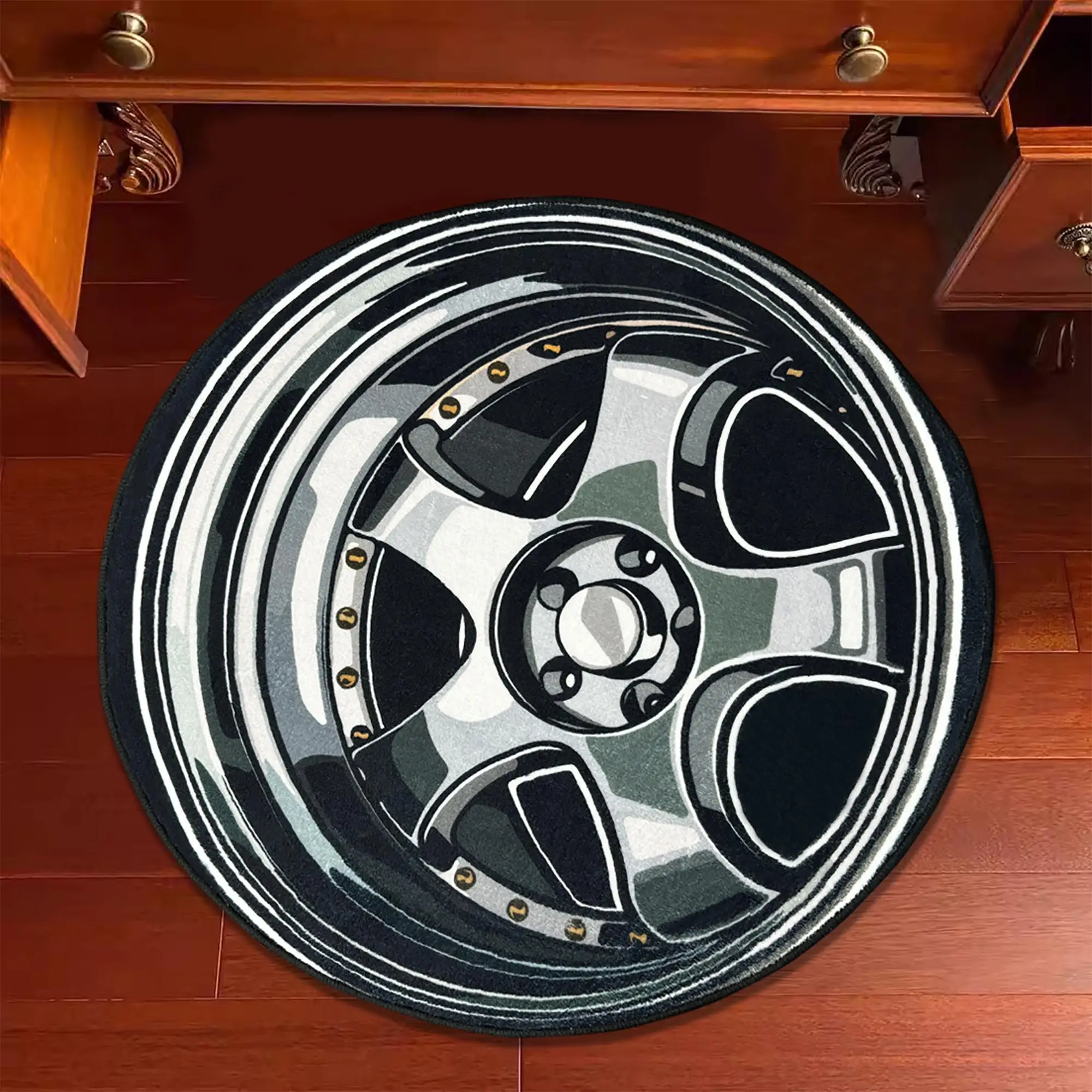 Round Creative Wheel Pattern Carpet, 1 Count Street Style Non-slip Floor Rug Mat, Decorative Carpet for Home Living Room Bedroom