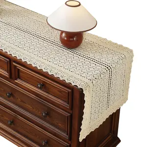 Crochet Table Runner American Retro Style Hollow Cotton Yarn Lace Trim for Bedside TV Cabinet Sideboard Dresser Home Decor