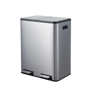 16 Gallon Dual Trash Can, Stainless Steel Step-on Recycling Bin Double Garbage Can with Removable Inner Buckets for Kitchen