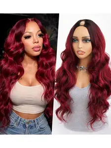 BUG V Part Wig Long Body Wavy Wig Upgrade U Part Synthetic Hair for Black Women Burgundy 24Inch Curly Full Head Clip In Hair Glueless Natural Wavy Women Wigs(Burgundy) Synthetic Material Wigs Body Wave Wigs