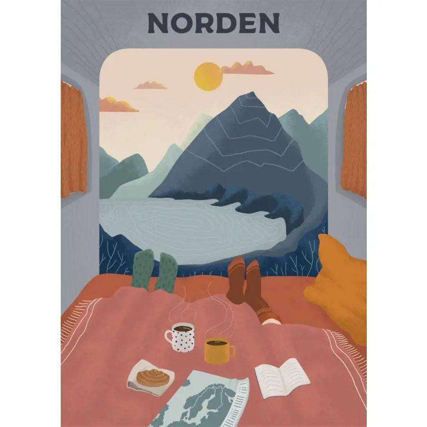 Poster: Scandinavian Travel Poster Morning Coffee - Come to Norden (50 x 70 cm)