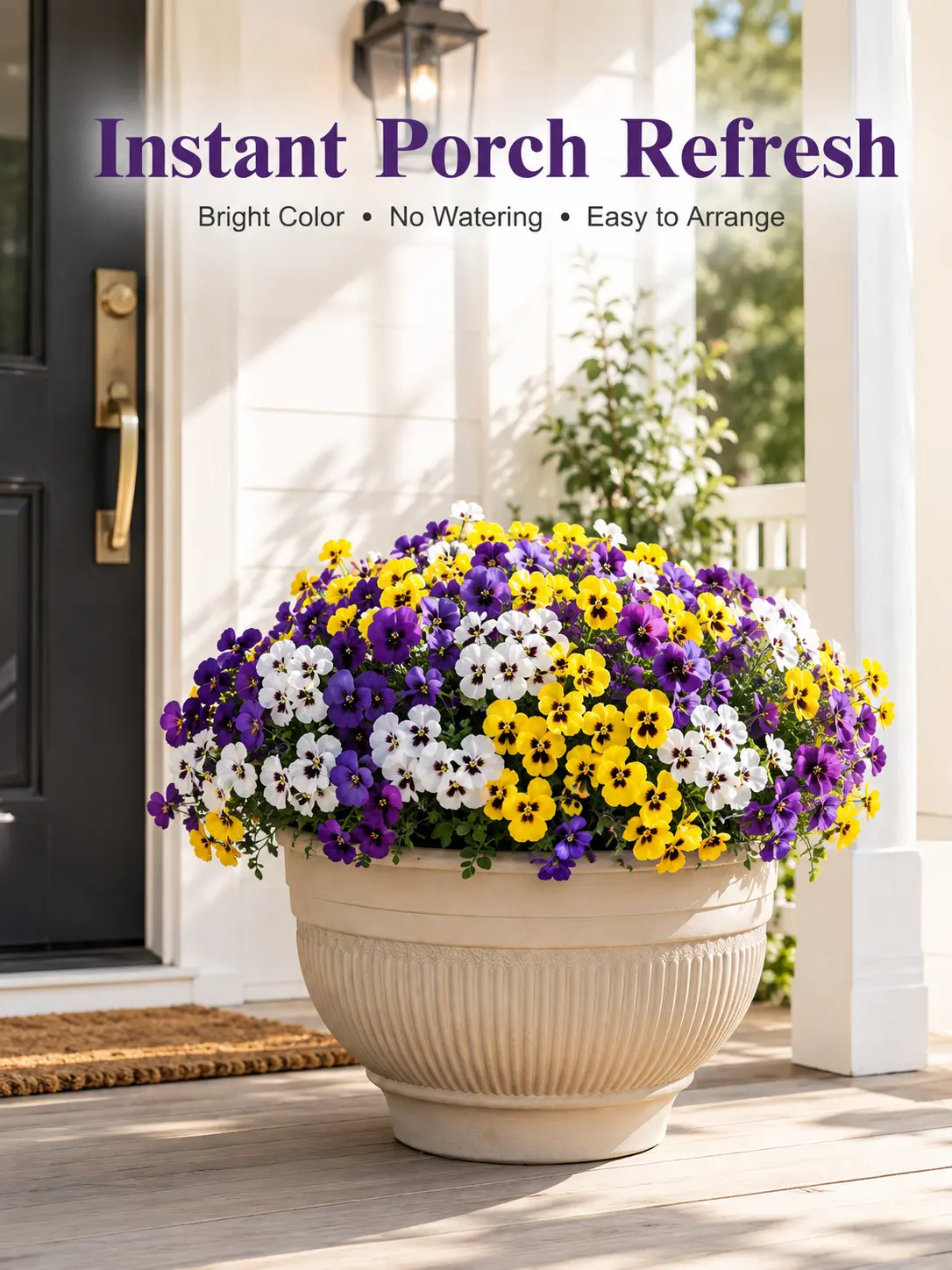 Artificial Fake Pansy Flowers for Outdoor Decoration, UV Resistant Faux Silk Floral Bushes with Eucalyptus Leaves for Porch Patio Yard Garden Window Box Indoor Home Decor