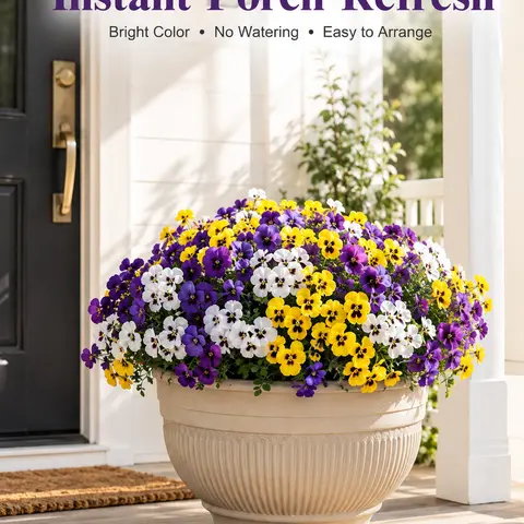 UV-Resistant Faux Silk Pansy Flower Bushes with Eucalyptus Leaves - Realistic Artificial Outdoor Decor, Fake Silk Plants for Balcony Floral Decoration Supplies