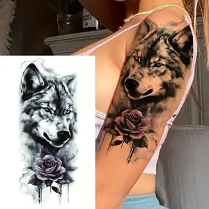 A Realistic Wolf Head Temporary Tattoo Sticker with 3D Rose Design, Waterproof and Durable, Suitable for Women and Men, Rectangular Body Art
