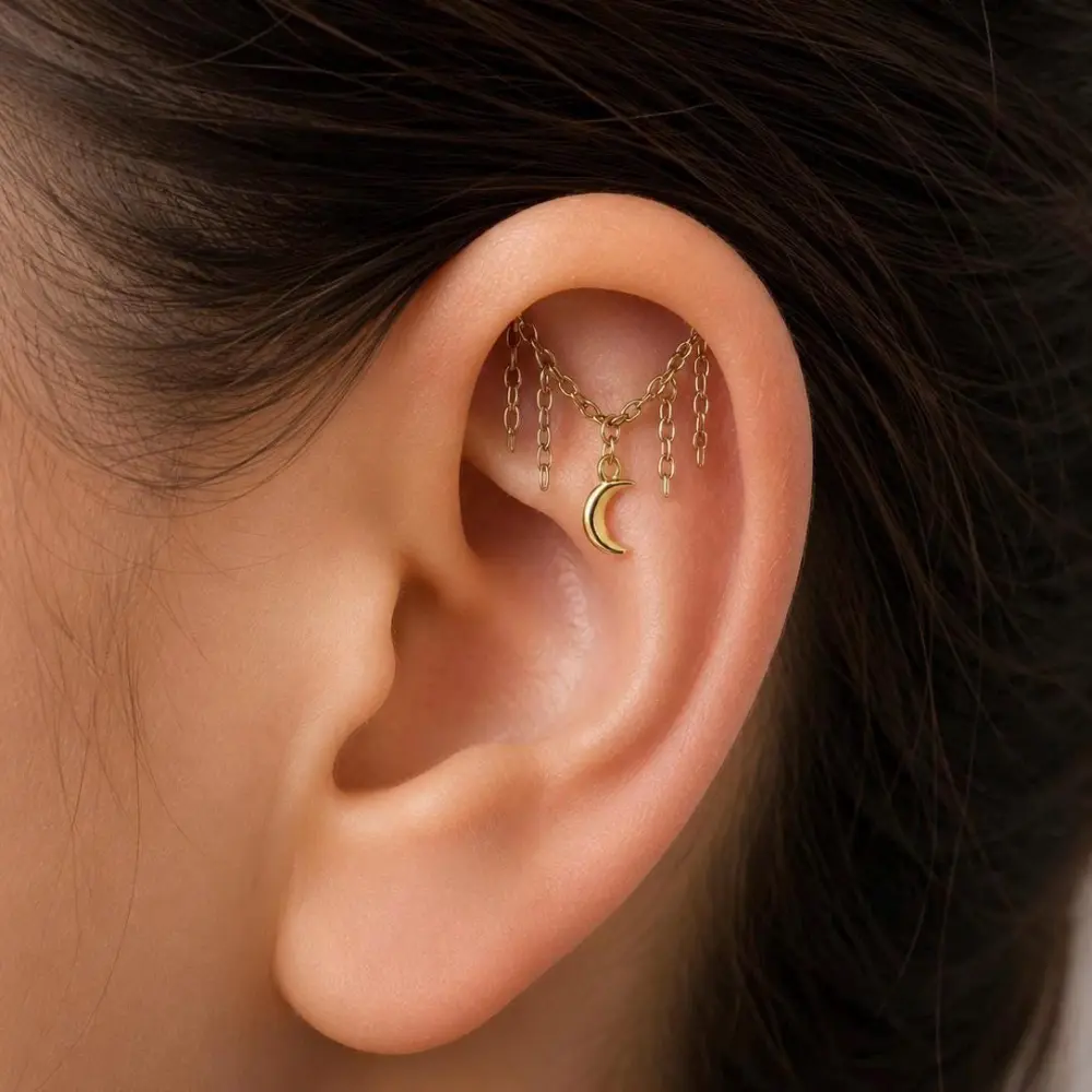 Threadless Vertical Helix Earring with Star Charm, Push Pin Titanium Chain Cartilage Earring, Celestial Earrings