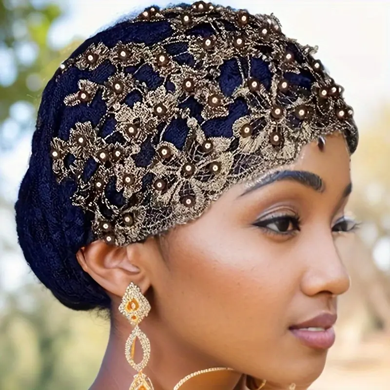 Elegant Beaded Lace Turban Hat for Women - Polyester Jacquard Elastic Headscarf with Drawstring Closure, Dry Clean Only, Featherless, Versatile Style for Ramadan, Chemotherapy, Eid al-Adha & Casual Attire