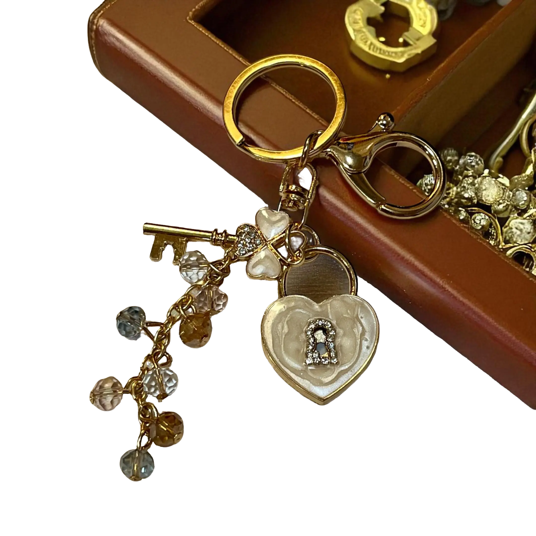 White Heart Lock and Key Jeweled Keychain