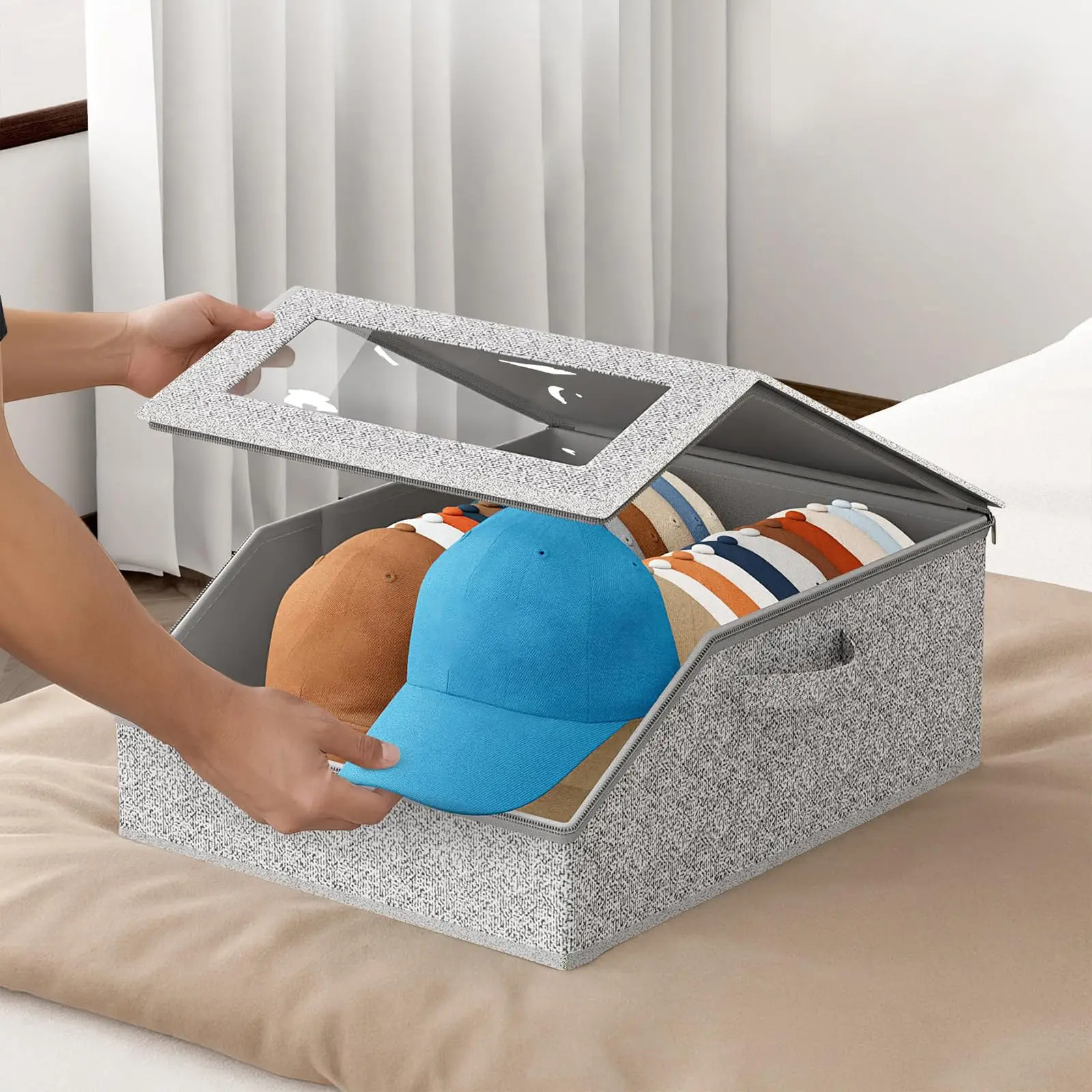 Hat Storage Box.Extra for Large Hat Storage Organizer, Foldable And Stackable to Save Space. Equipped with Transparent Window And Zipper, Easy to Move. Ideal for Organizing Hats In Wardrobes And Cabinets