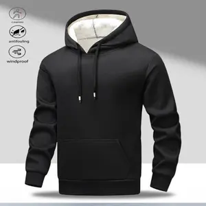 A men's fleece-lined hoodie, offering a comfortable and warm style for autumn and winter. The hood fits snugly around the head, with a soft fleece lining for added comfort. Chest pocket convenient for storing items, suitable for autumn and winter walks.