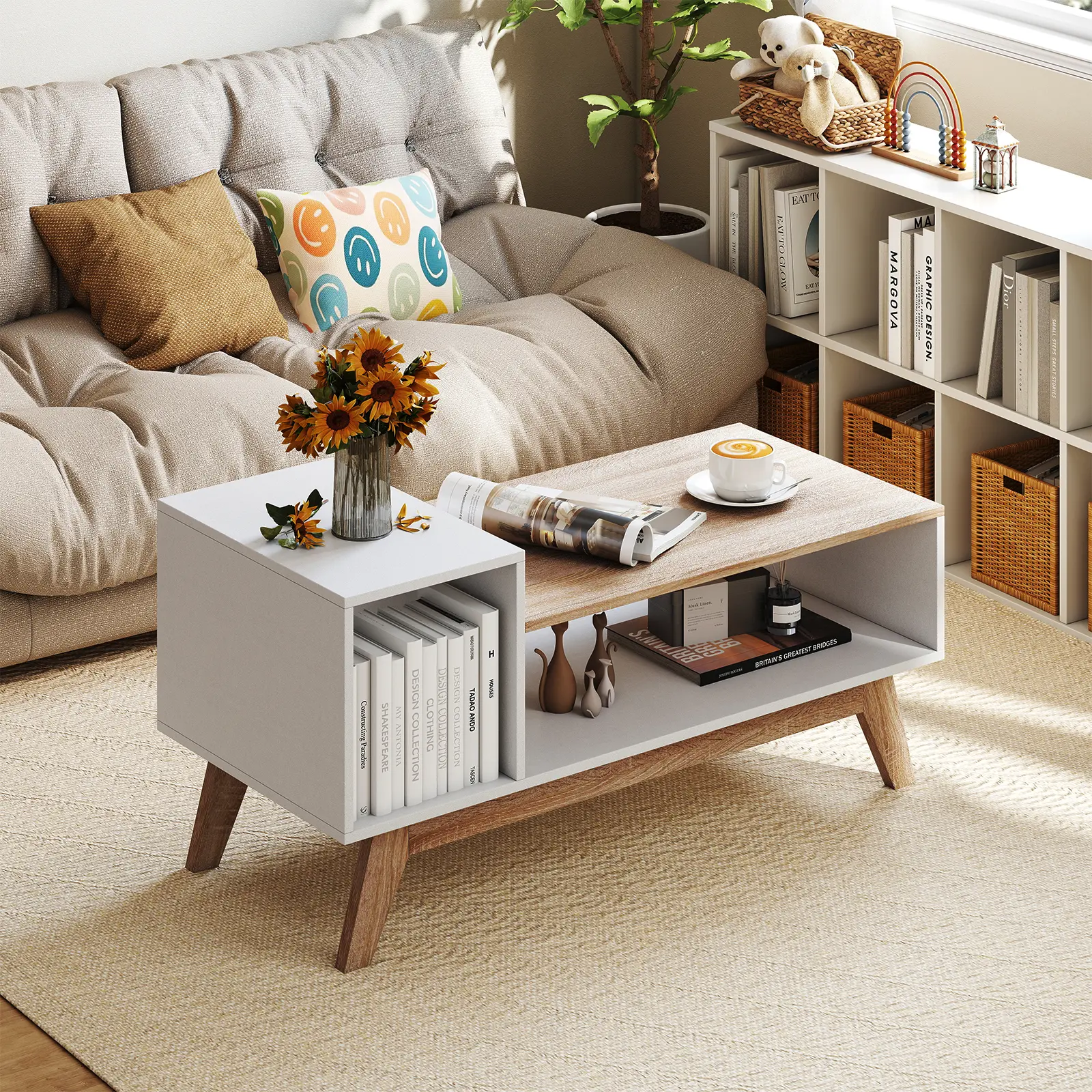 COSTWAY - 43 Inch Coffee Table with Stepped Tabletop and Storage Compartments-White