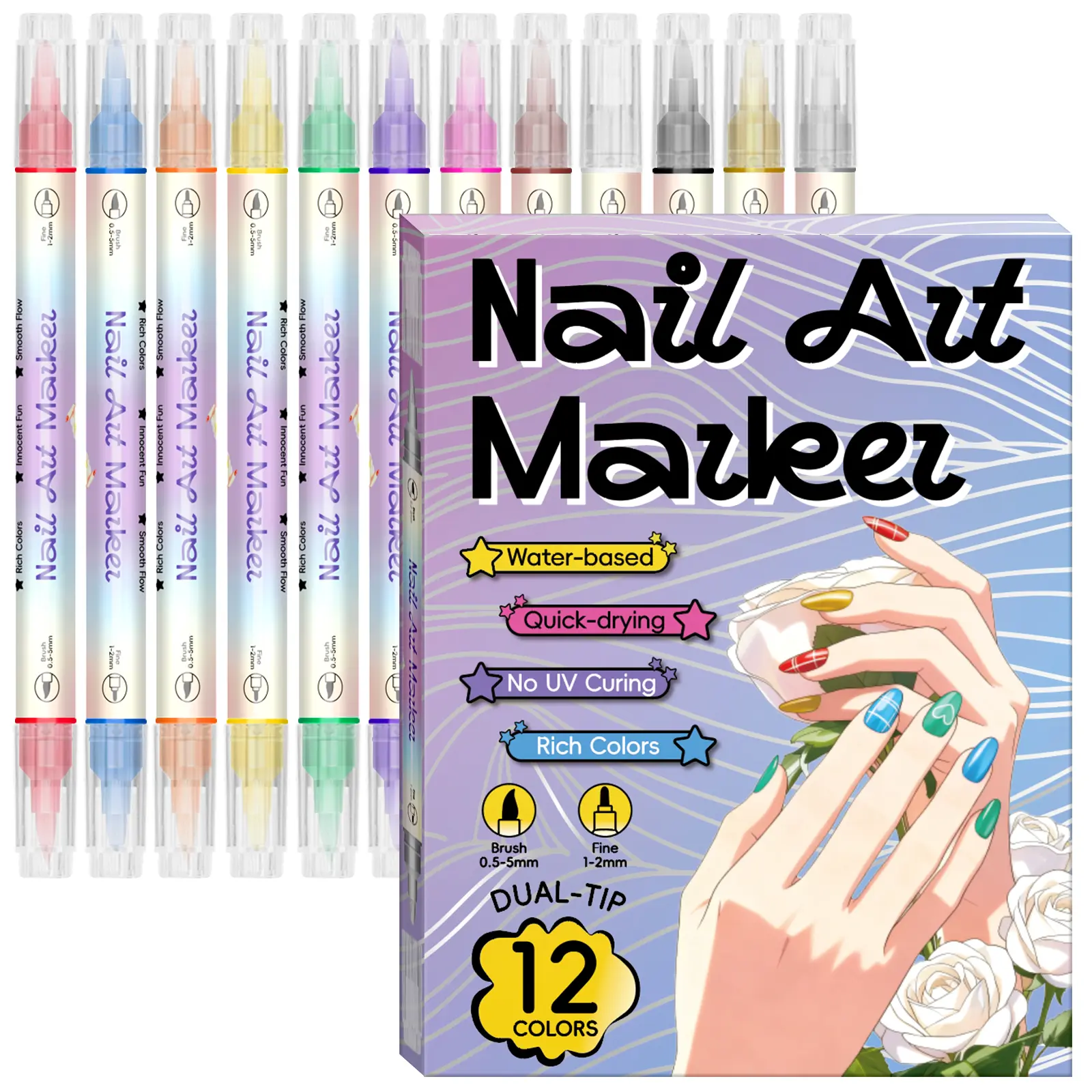 12 Color Dual-Ended Nail Art Markers, Vibrant Colors Easy Application, Creative Manicure Tools for Beginners, Professional and Practical DIY Nail Kit