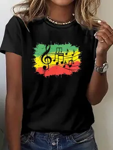 reggae or rasta color theme print t-shirt, short sleeve crew neck casual top for summer & spring, Women's clothing