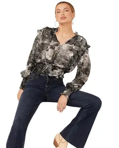 Revel Women's Toile Print Smocked Long Sleeve Top - Bb-10402Cfp-Blk