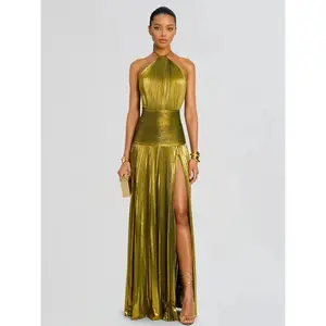 Metallic Olive Gold Pleated Halter maxi dress for Women, High Slit Sleeveless Formal Evening Gown, prom dress, wedding guest dresses for Party, Cocktail and Special Occasion