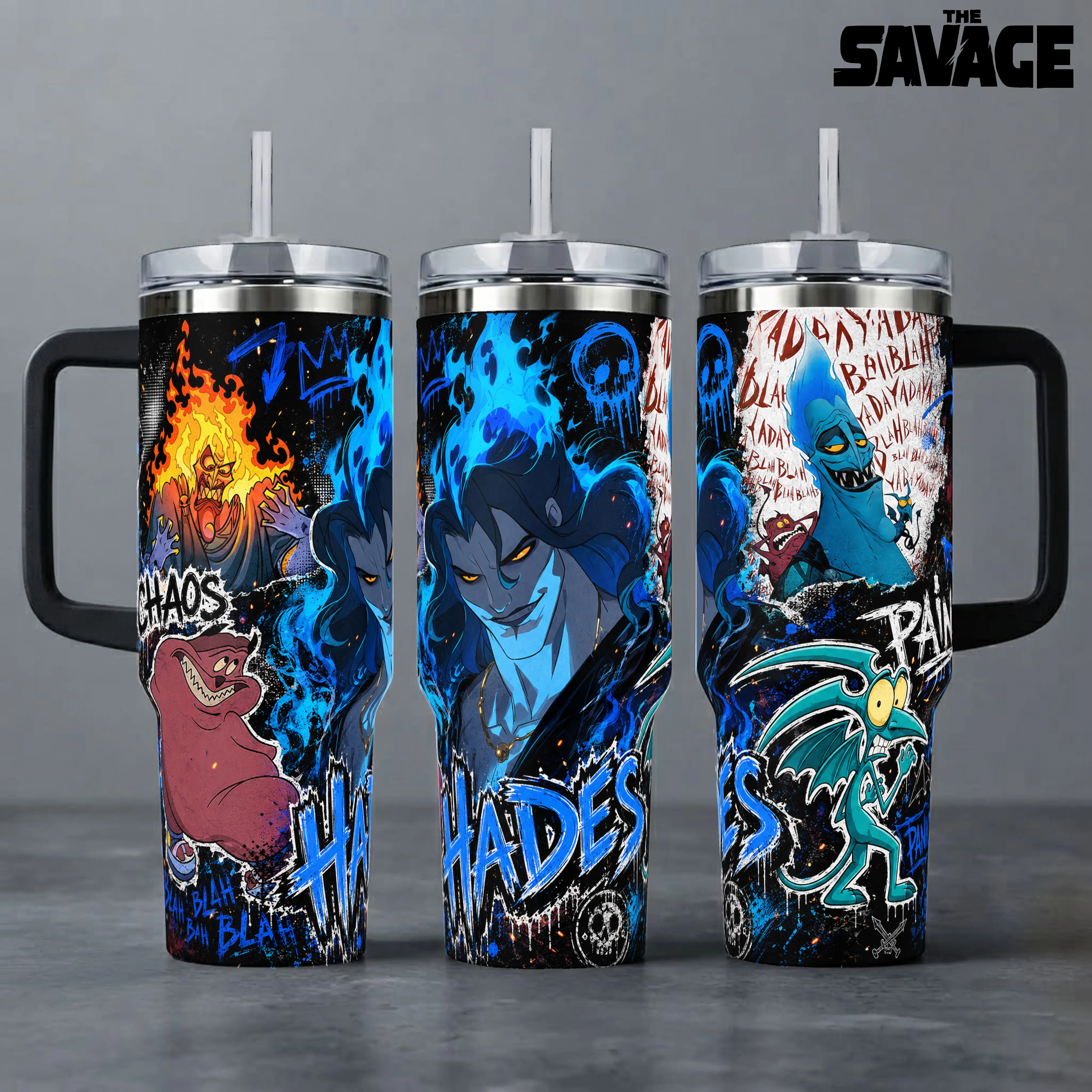 Hades Pain Panic Underworld God Chaos Pain 40 20 oz Insulated Tumbler Stainless Steel Handle Straw Keeps Drinks Hot Cold Blue Fire Animation Merch For Mythology Fans Drinkware Tumbler Water Bottles Portable Bottled