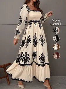 Women's All Over Print Lantern Sleeve High Waist Fit Dress, Casual Long Sleeve Collared Dress for Fall & Winter, Women's Clothing for Daily Wear, Womenswear