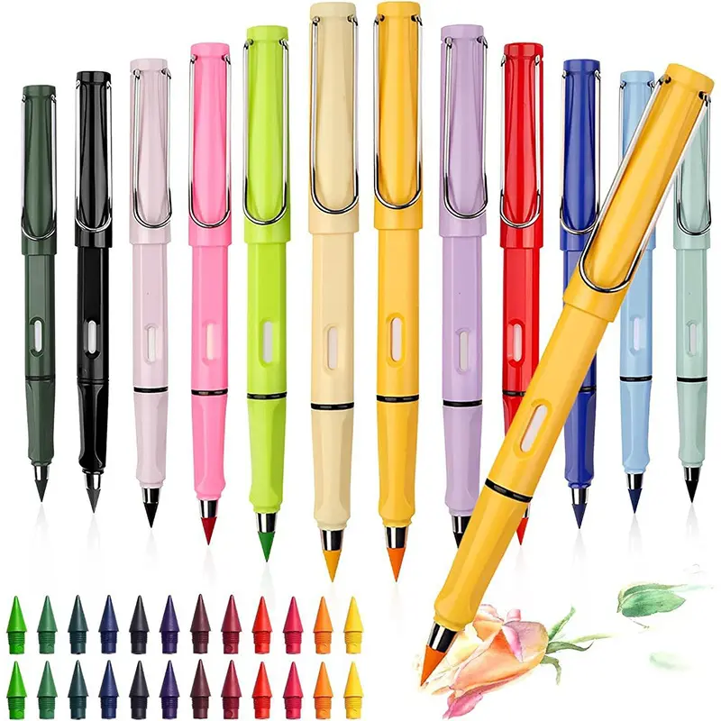12 Colors Forever Pencil with Erase - Long Lasting Writing Infinity Pencil , Never Sharpen Everlasting Inkless Pencil for Sketch, Drawing, School Supplies, Writing Stationery, Writing Tools, Pencil with Eraser