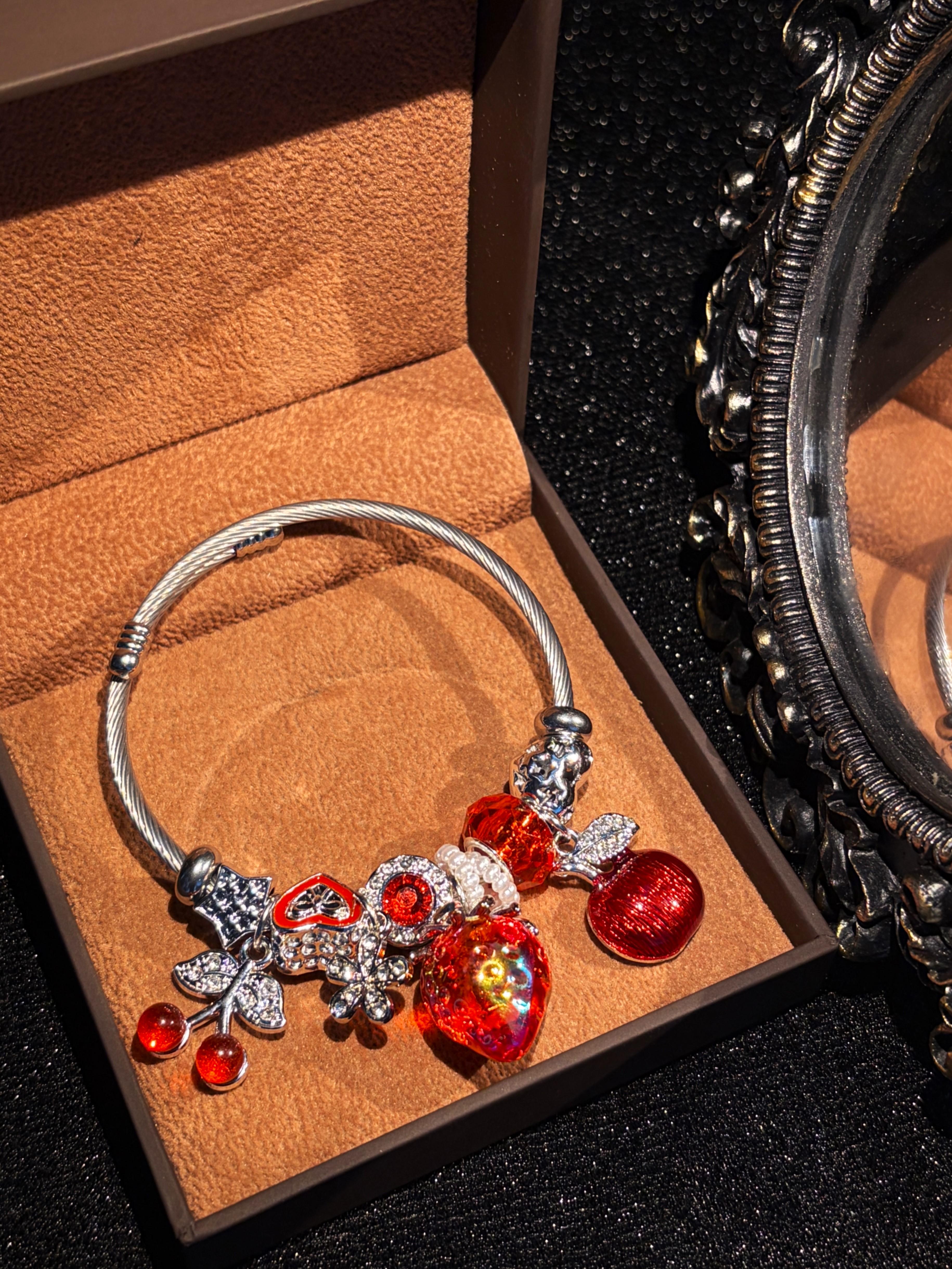 Women's Silver‑Tone Adjustable Open Cuff Bangle, Wire Bangle with Strawberry Cherry Red‑Fruit Heart Charms, Fashion Jewelry for Daily Gifting