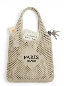 Fashionable Women's Tote Bag, Paris Letter Embroidery Beach Bag, Vintage Hollow Out Breathable Beach & Travel Bag, Open Beach Bag, Durable Woven Design, Casual Trendy Bag, Stylish Tote Bag