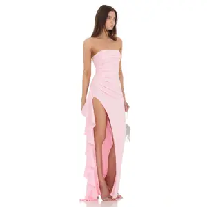 Lucy In The Sky Strapless Ruched Ruffle Maxi Dress in Pink