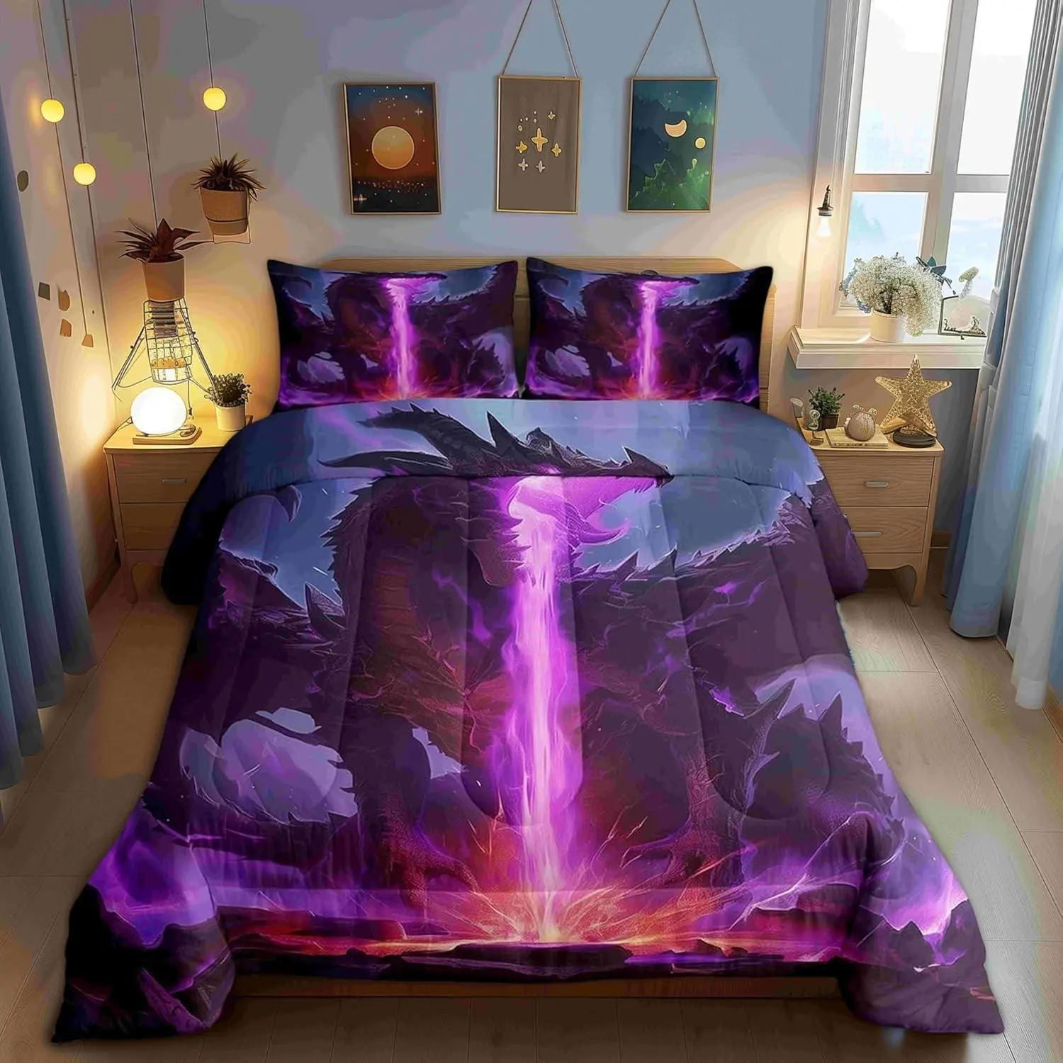 Dragon Comforter Set,Purple Lightning Flame Bedding Set Modern Decor,Mysterious Western Animals Comforter All Seasons
