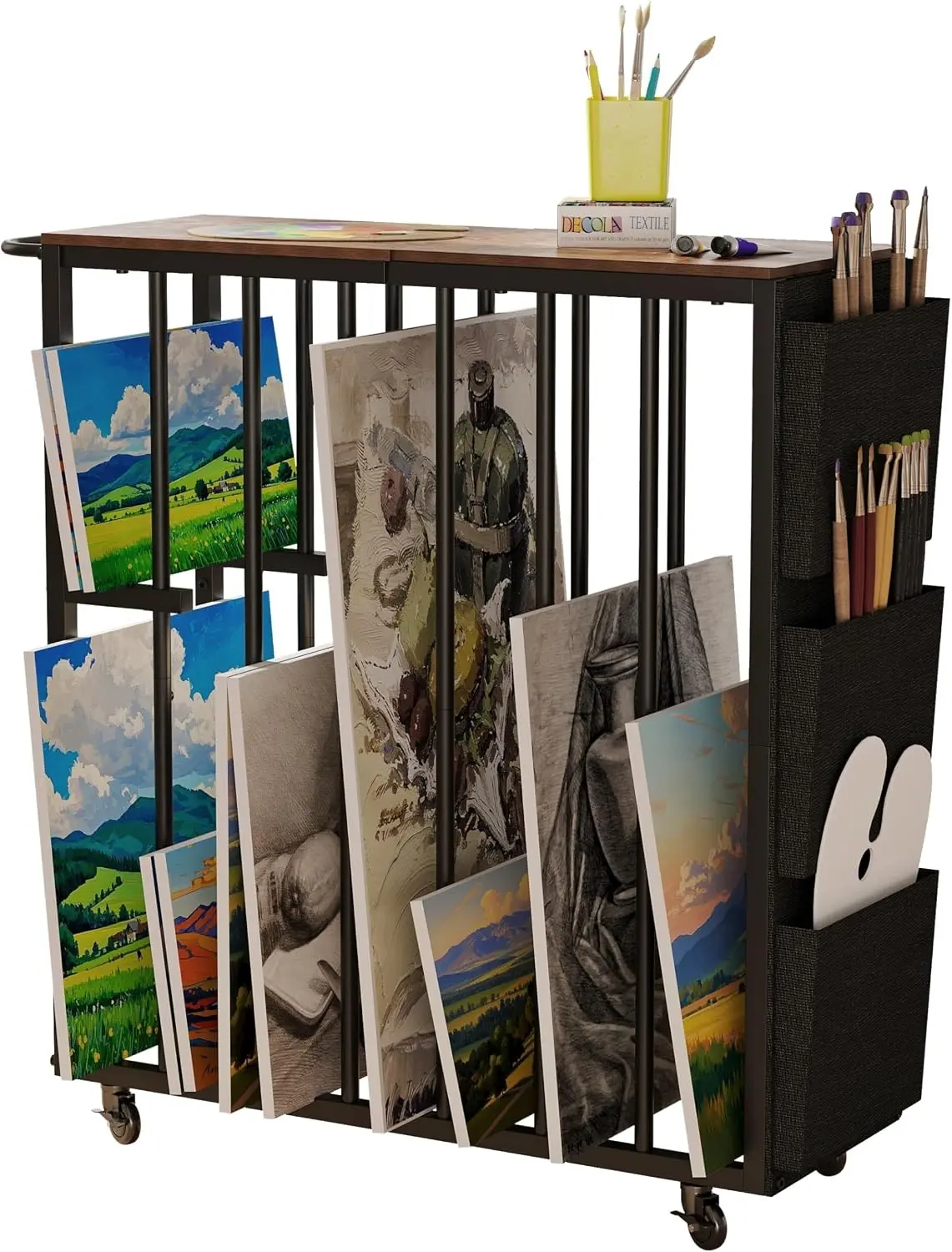 Large Art Storage Rack with Wheels and Handle,Metal Art Storage Organizer with Side Pockets,Art Display Stands Drying Painting for Canvas,Frame,Drawing Board,Gallery,Artworks (Brown)