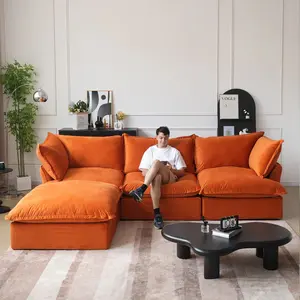 TVF Divano Velvet Modular Section Sofa-3 Seats with One Ottoman washable cover fabric cloud sectional