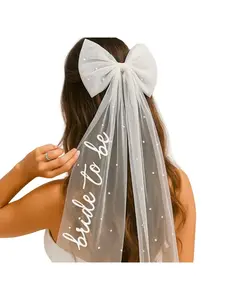 Bride-To-Be Pearl Bow Headband Hair Clip, Wedding Long Net Shawl Hair Accessory, Single Party Accessories, Elegant Bridal Headpiece, Trailing Veil