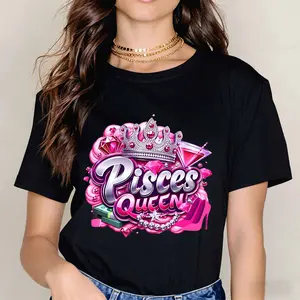 Pisces Queen Crown And Diamonds Print T Shirt Black Casual Short Sleeve Top For Everyday Wear And Leisure Activities