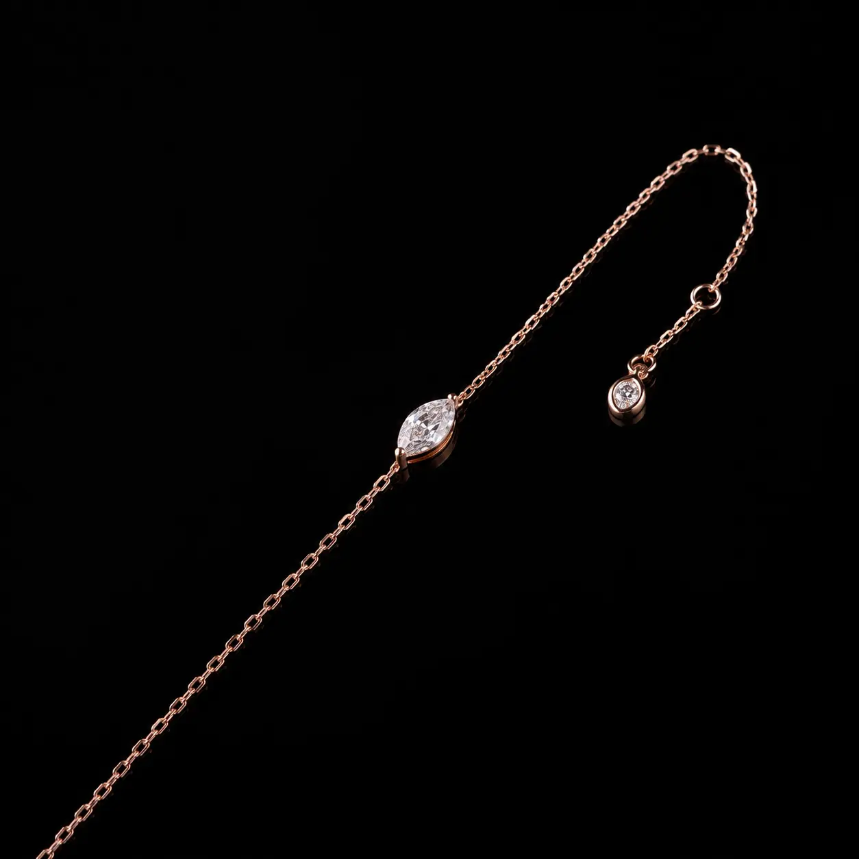 18K 18g Rose Gold IGI Card Lab Diamonds 0.82 CTs Solitaire Bracelet - Marquise Cut Center Stone with Delicate Chain & Drop Accent GEM06